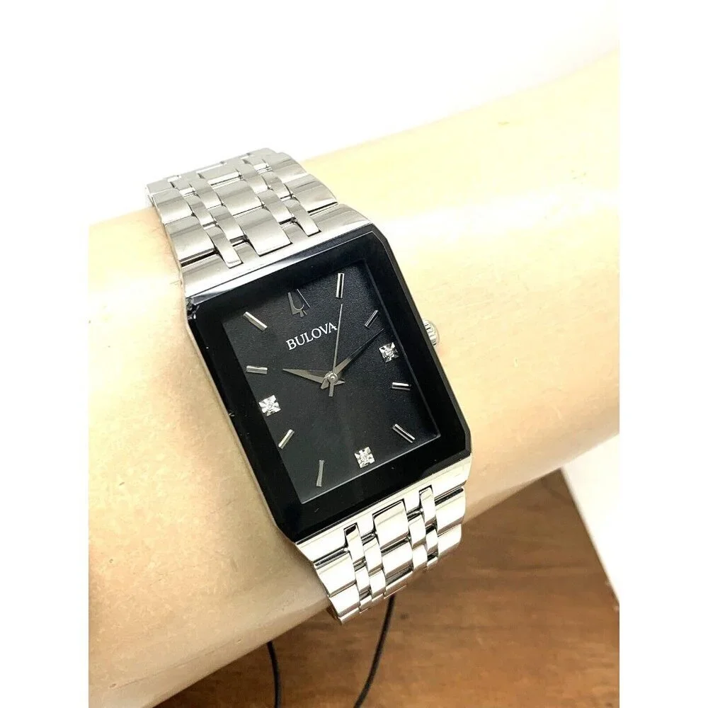 Bulova Men's Watch 96D145 Diamond Black Dial Silver Stainless Steel Quar…